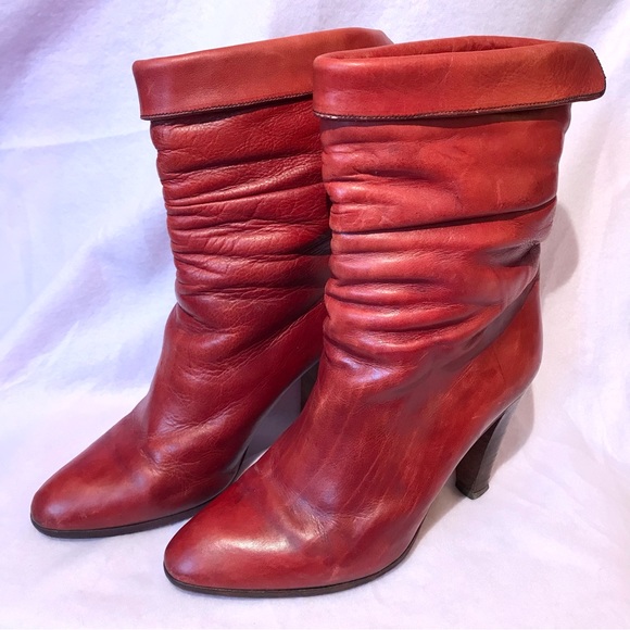 Joan and David deep red Italian leather boots mid calf length pointed toe - Picture 3 of 9